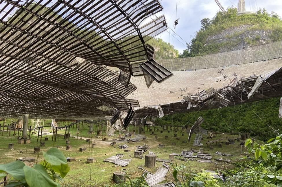The Arecibo Observatory in Puerto Rico, the most powerful single-dish radio telescope in the world, was damaged Aug. 10 when an auxiliary cable that supports the suspended platform broke. Photo courtesy of the University of Central Florida