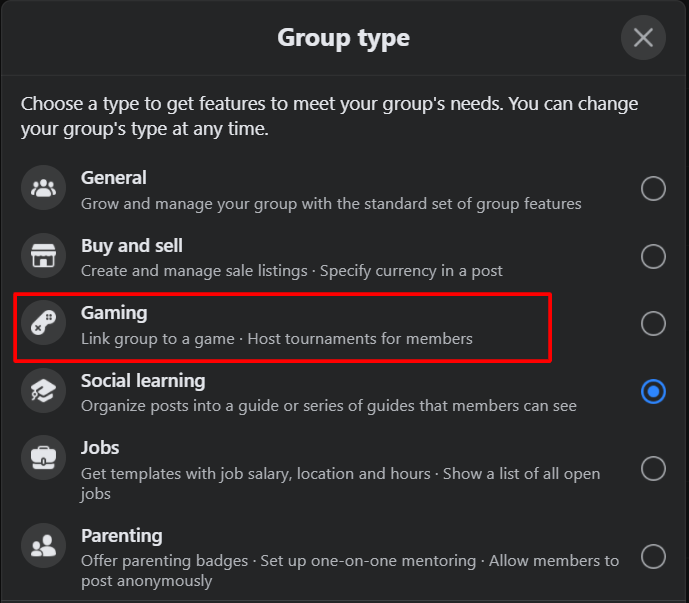 Gaming Facebook group type