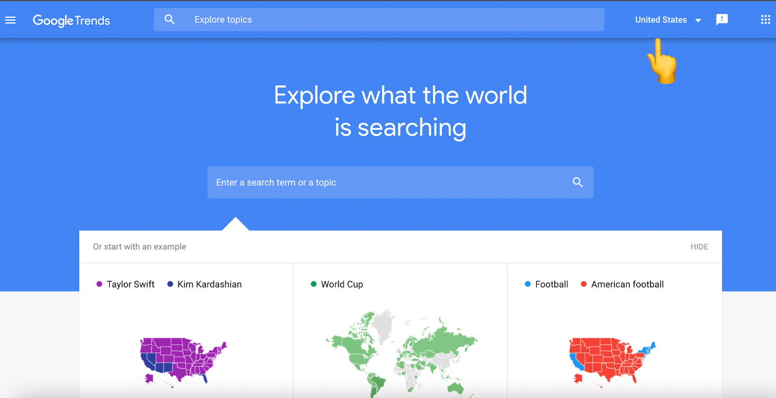 Before typing a search term into Google Trends, choose geo location .