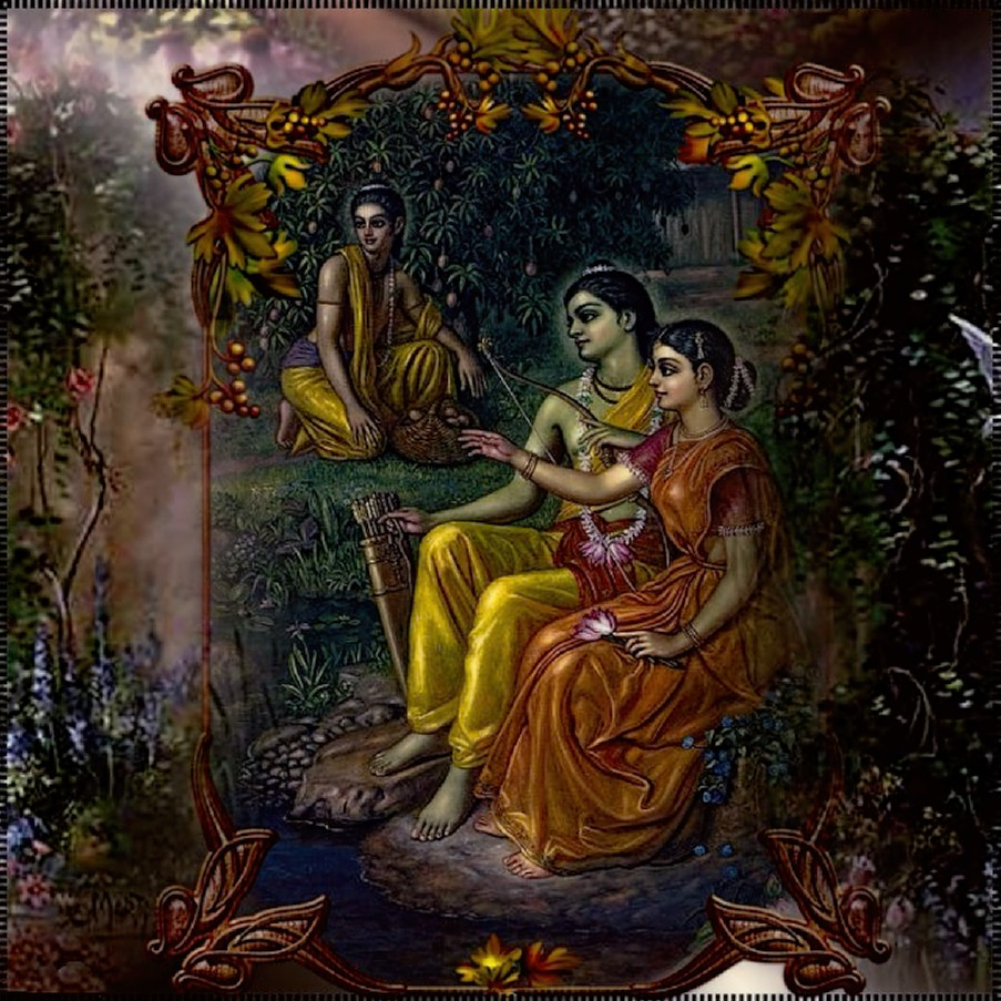 As shown in this illustration, Sita is seated next to her husband Rama. Rama wears yellow clothing while Sita wears an orange and fuschia sari. They appear to be in the forest that they were exiled in, with one of their sons in the background.  
