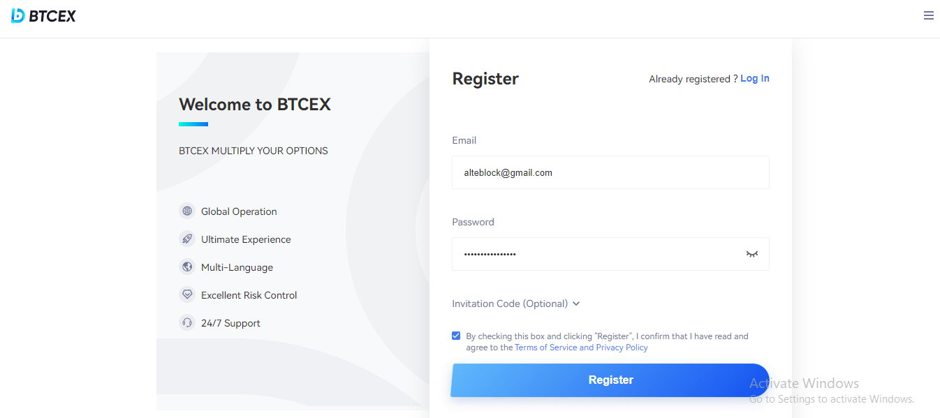 BTCEX Account Registration Process