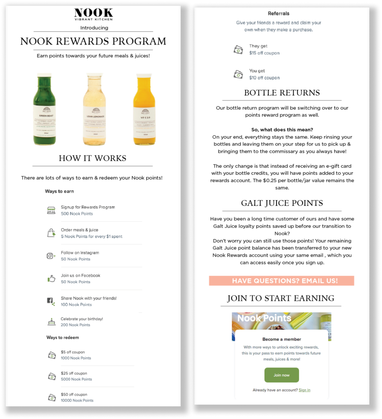 Best Loyalty Program Email Examples–A screenshot of Nook Vibrant Kitchen's rewards program explainer email. The title is, "Introducing Nook Rewards Program". The email has 4 parts entitled, "How it Works", "Bottle Returns", "Galt Juice Points", and "Join to Start Earning", explaining all the aspects of their program.