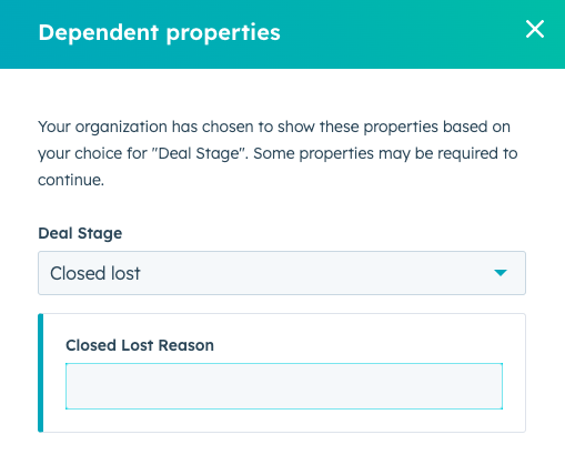 image that shows dependent properties in HubSpot 