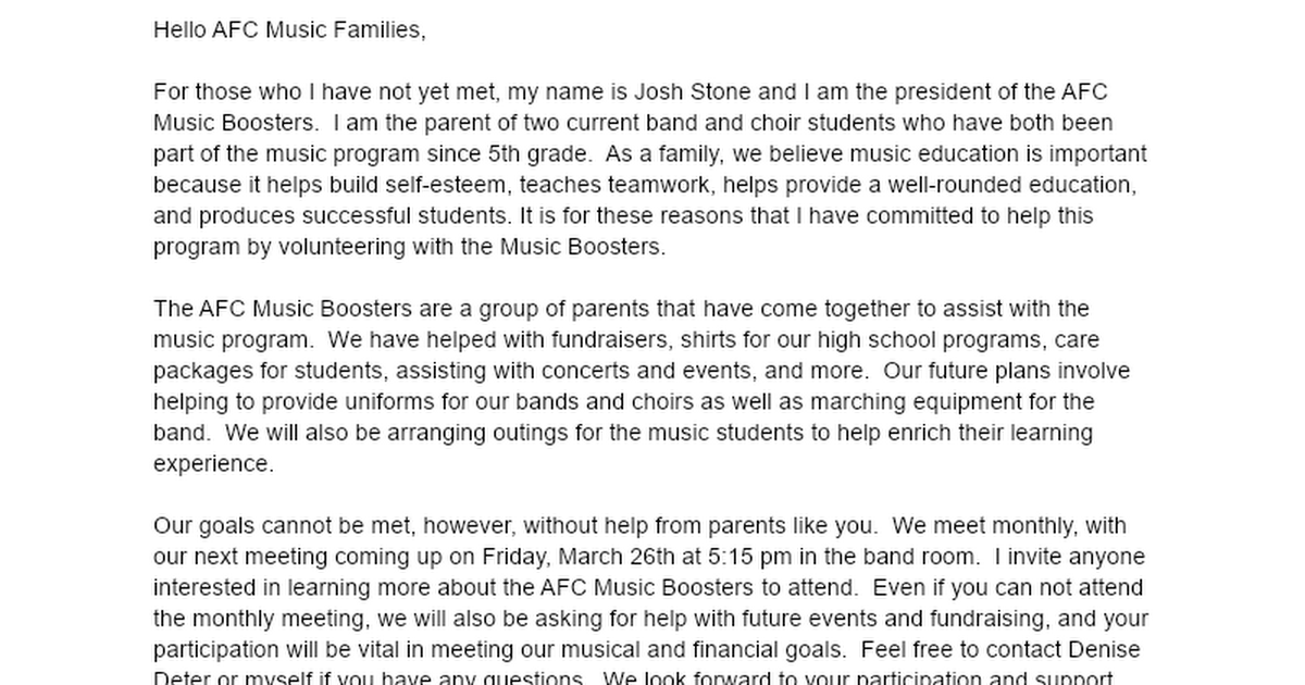 Boosters Letter to Parents