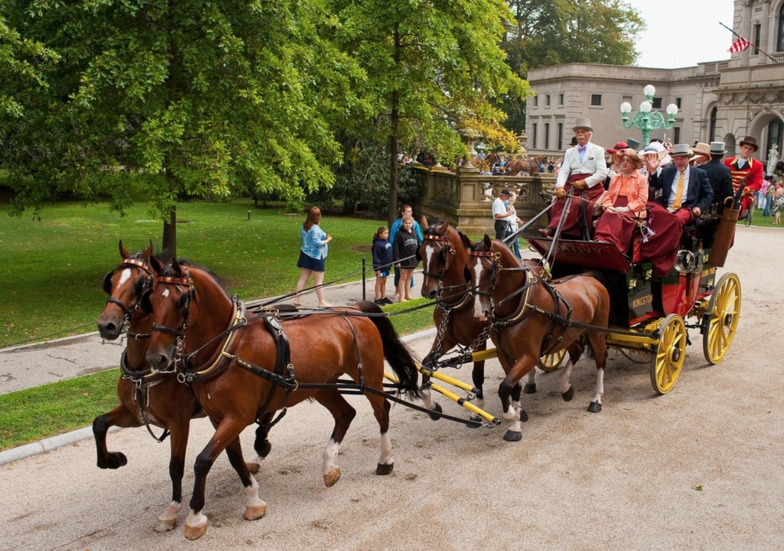 Newport, Rhode Island, as 19th century carriages, led by stately steeds, gallantly gather to herald Coaching Weekend in Newport.  From August 16th  to 19th, The Preservation Society of Newport County hosts members of the Carriage Association of American 