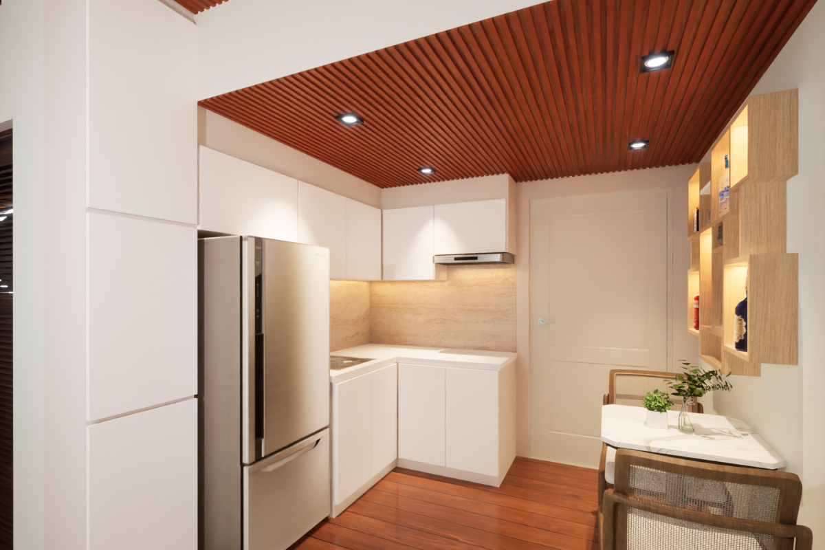 minimal kitchen with red ceiling