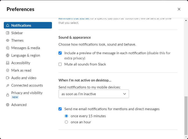 Slack Preferences and settings