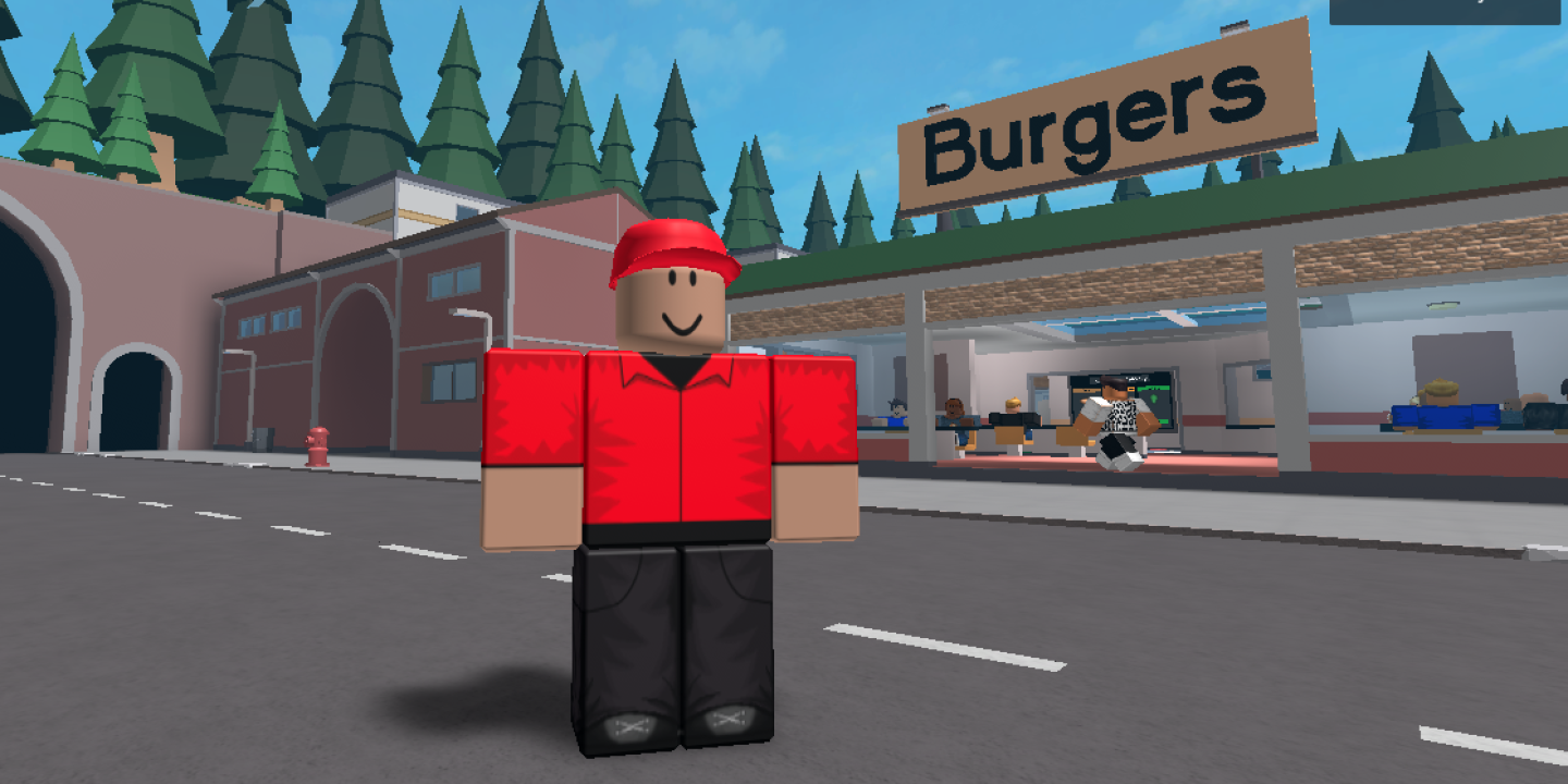 Roblox character in front of a burger shop