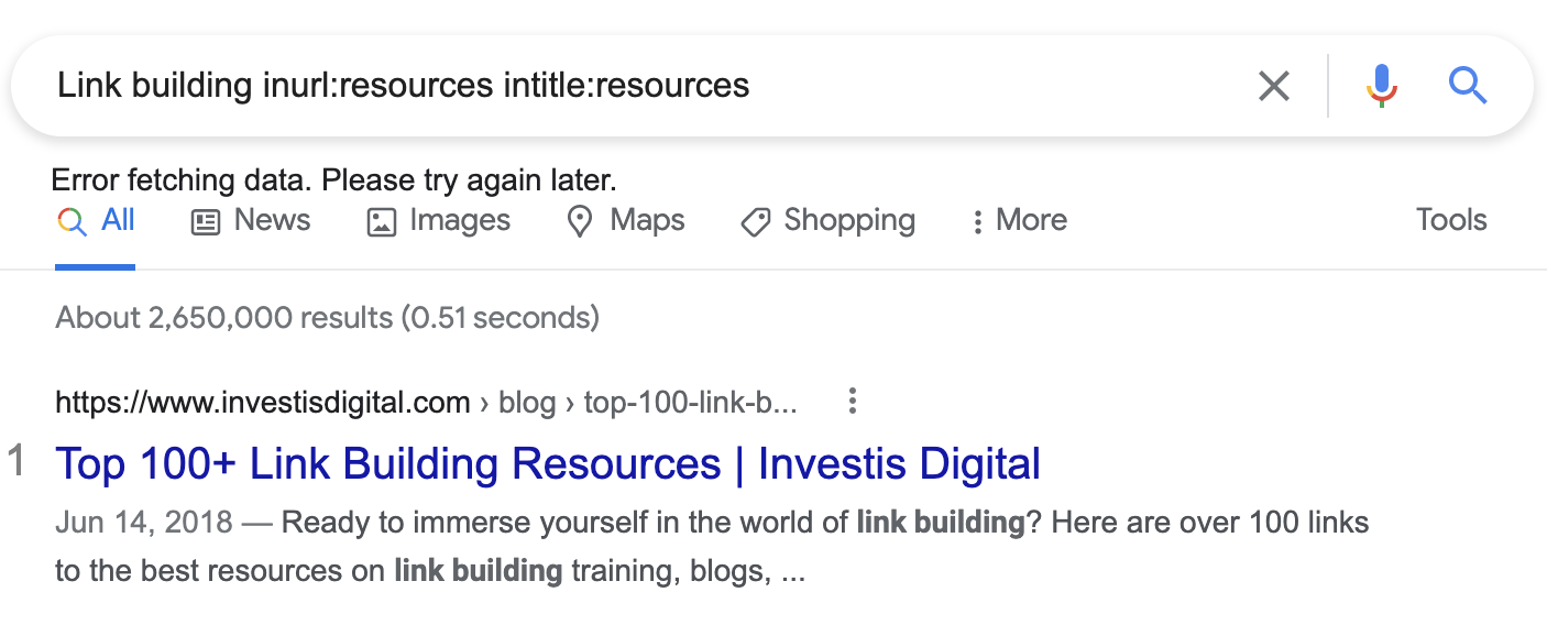 A search on Google for "Link building inurl:resources intitle:resources"