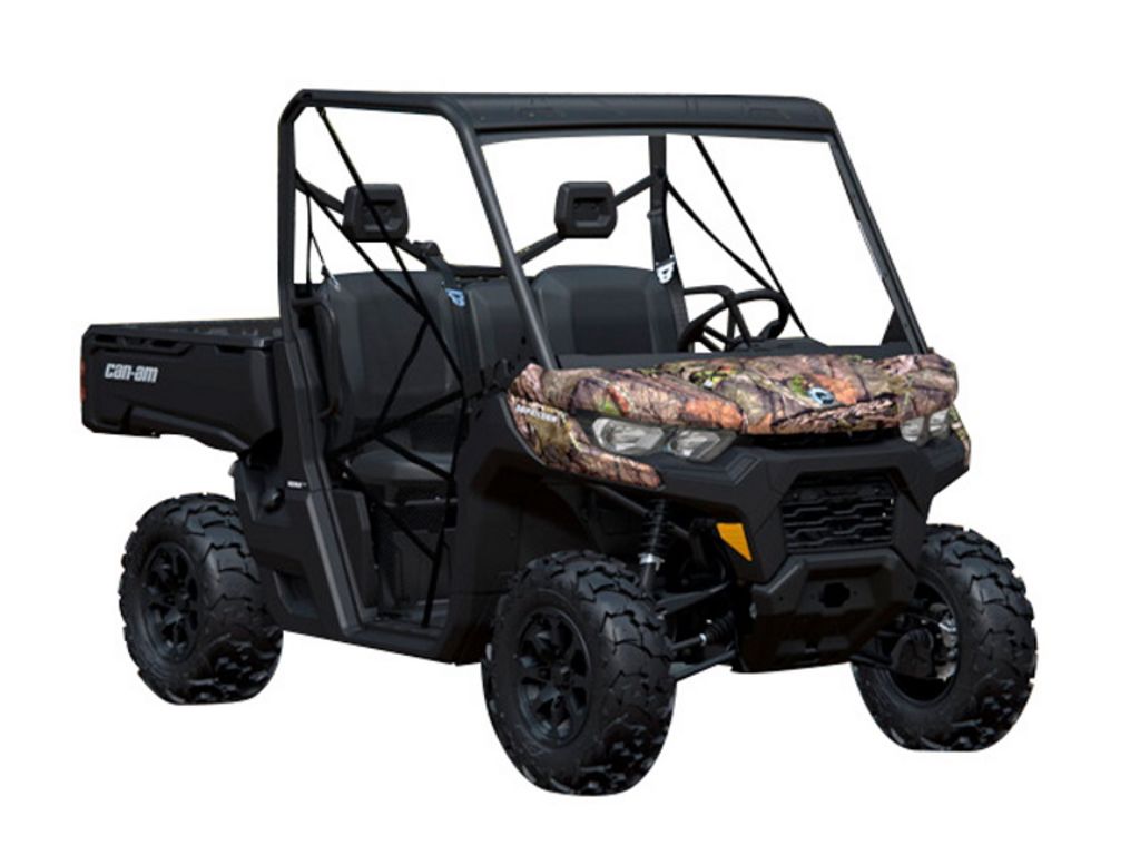 Black Can-Am Defender 2-seater with camo front - the perfect off-road vehicle for hunting and outdoor activities.
