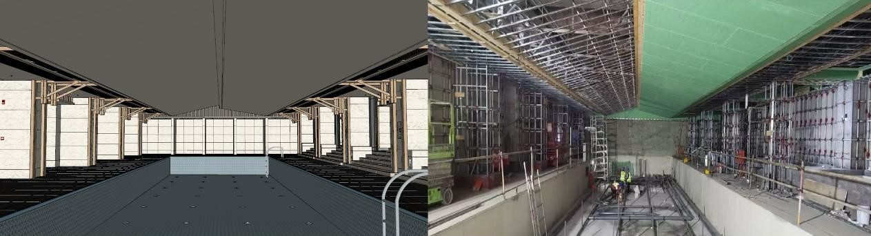 Swimming pool model vs. construction site vs. completion photo