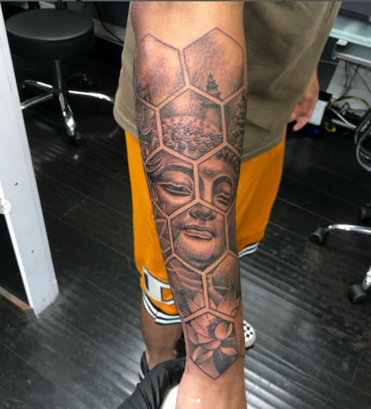 Black And Grey Buddha Tattoo Design Full Sleeve