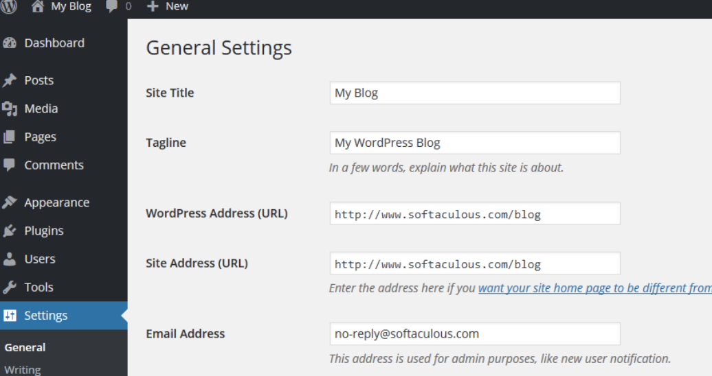 general settings in WordPress website