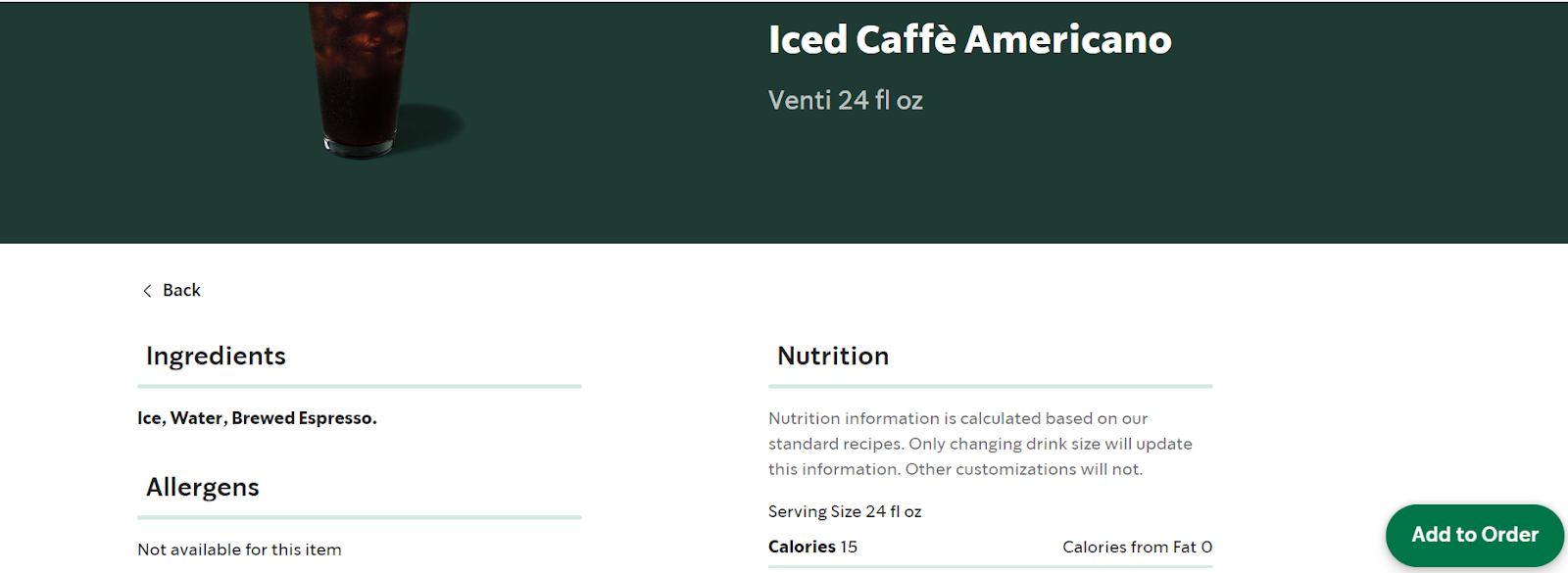 Screenshot of Iced Caffe Americano ingredients list