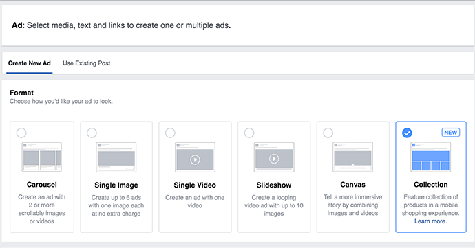 A screenshot of Facebook Ads, showing how to create a Collection Ad