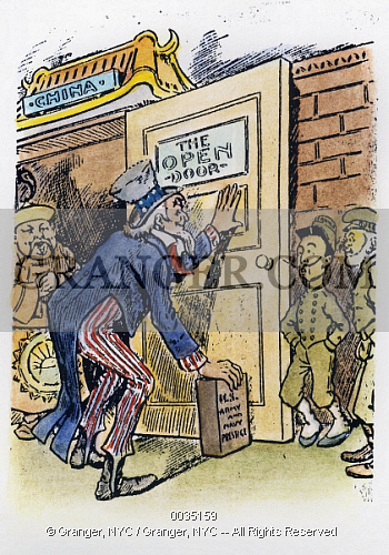 'OPEN DOOR' CARTOON, c1900. 
American cartoon, c1900, depicting Uncle Sam propping the 'Open Door' policy with China with the brick of 'U.S. Army and Navy Prestige,' as the colonial powers of France and Russia look on.