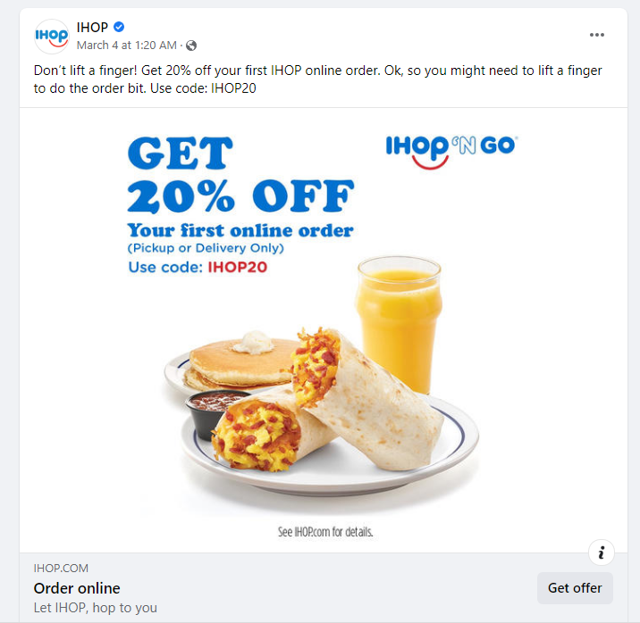 ihop Facebook ad example of offering a discount