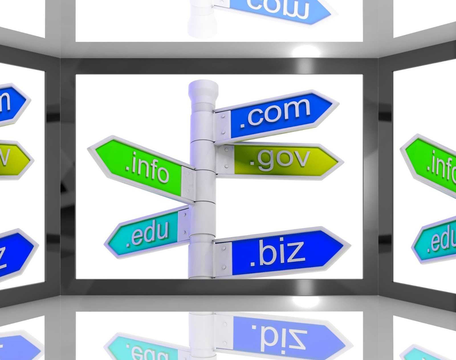 Blue and green colored tags with text of different top level domains such as .com,  .gov, .biz, .edu, and .info