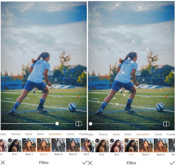 Foto de uma mulher jogando bola sendo editada pelo AirBrush usando o filtro Dust e Diamonds. 