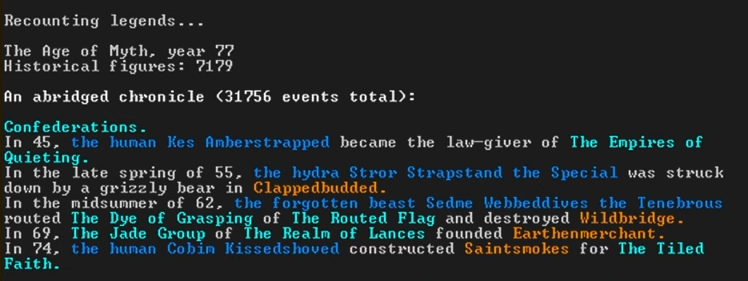 This is a screenshot of Dwarf Fortress's Legends mode, showing annals of significant historical events from the game's generated world history.