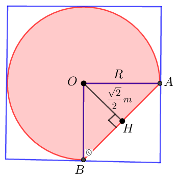 Một gia đình có bồn tắm có bề mặt phẳng và lòng trong như hình vẽ, lòng trong của bồn tắm có hình dạng bán cầu, mất đi chỏm cầu. Biết thể tích khối chỏm cầu được tính bởi công thức (V = pi {h^2}left( {R - frac{h}{3}} right)) với (R) là bán kính khối cầu, (h)là chiều cao của chỏm cầu và (OH = frac{{sqrt 2 }}{2}m). Thể tích (left( {{{rm{m}}^3}} right)) lòng trong của bồn tắm là</p> 1