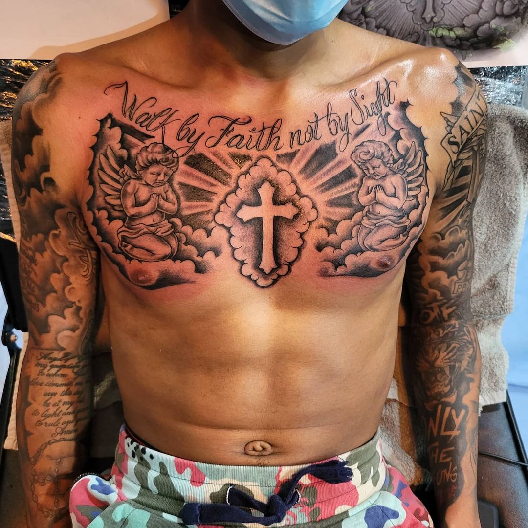 Cross And Angel Wings Tattoo
