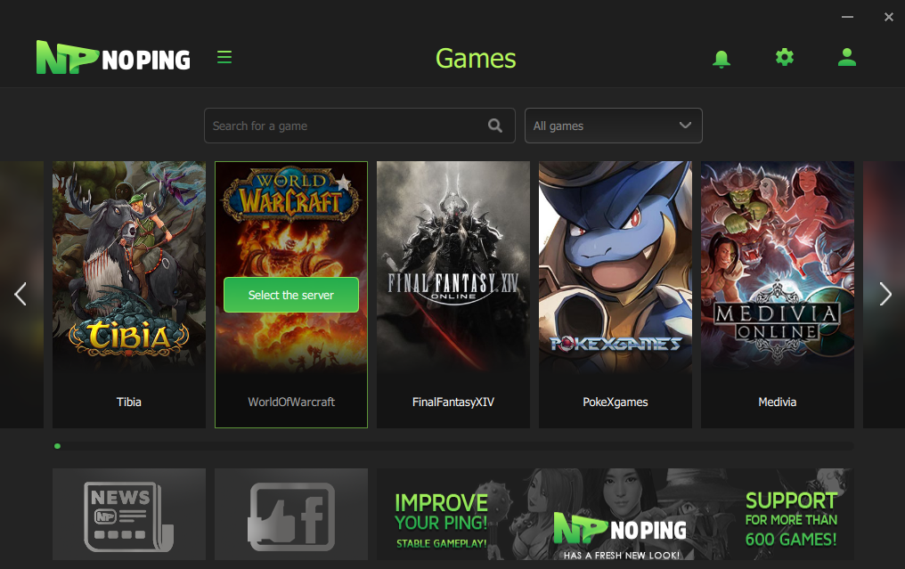 screenshot from noping official website showing multiple games that it supports