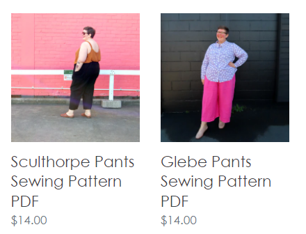 Image 1: a white plus size person stands turned 2/3 of the way to the back, wearing a gold tank top tucked int o dark, slim legged pants.  In image 2, a white plus size person is facing the camera, wearing a white printed top with long sleeves, and bright pink pants with wide legs.