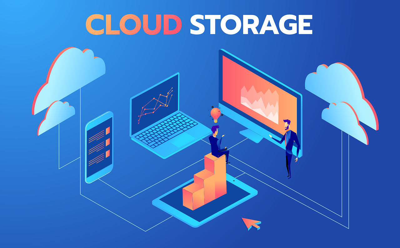 cloud storage infographic with people internet connected devices and clouds