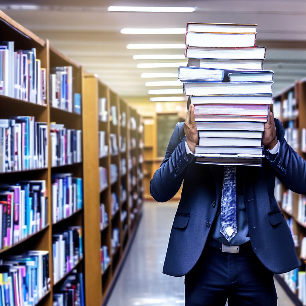 A man in a suit holding a large stack of books in front of his face in a library. 