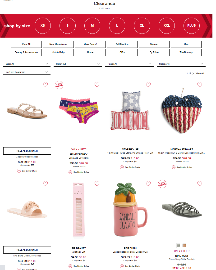 screen shot of the tjmaxx clearance section, includes nail set, sandals and Rae Dunn glassware