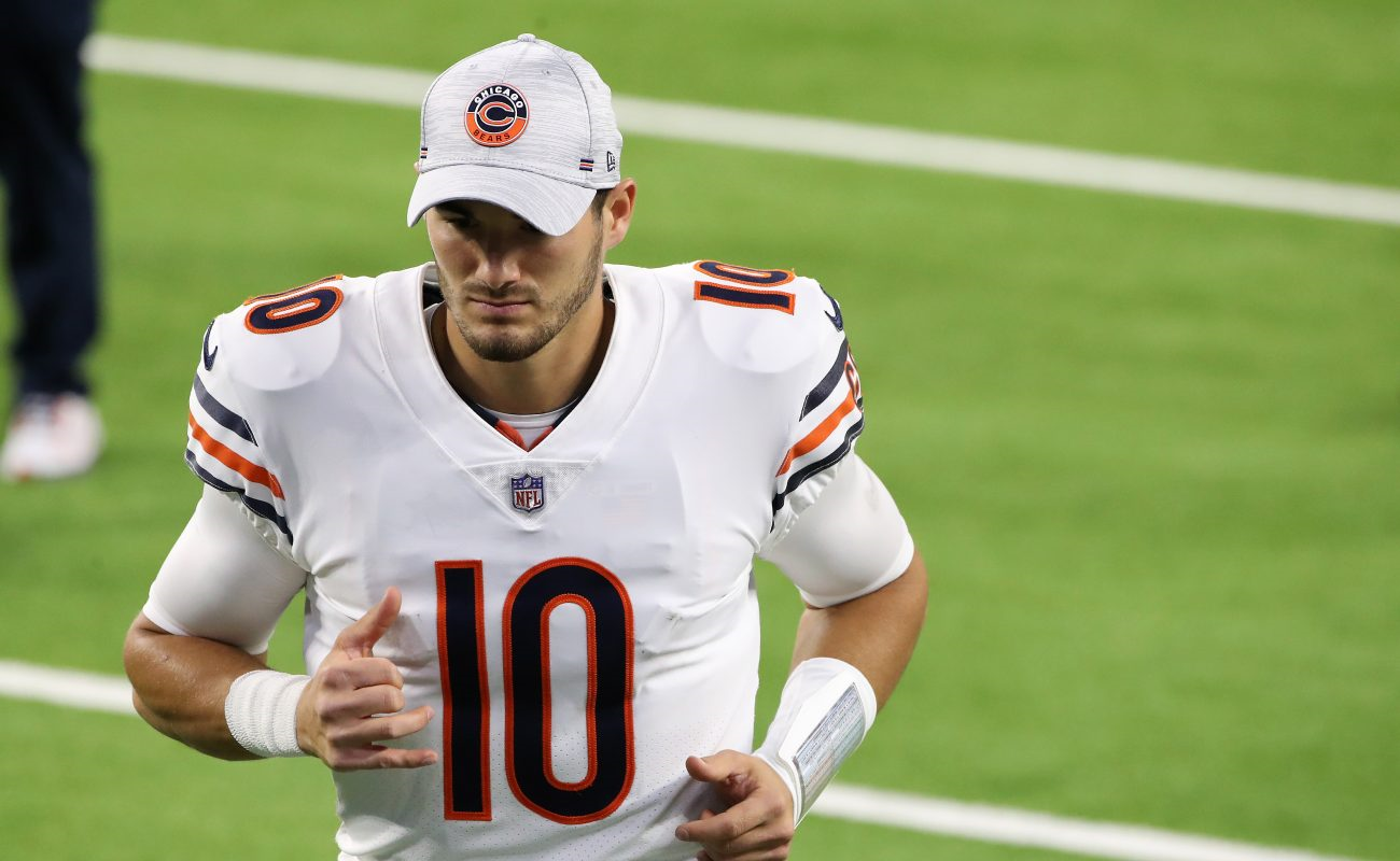Mitchell Trubisky of the Chicago Bears looks down as he walks off the field.