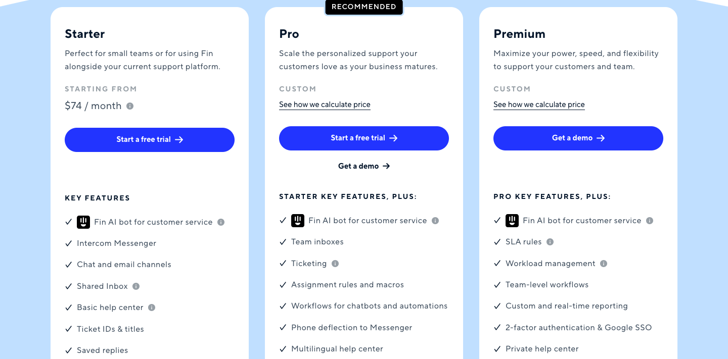 Intercom Pricing Plan Packages Displayed on screen