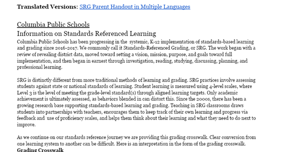 Standards Reference Learning Parent Handout