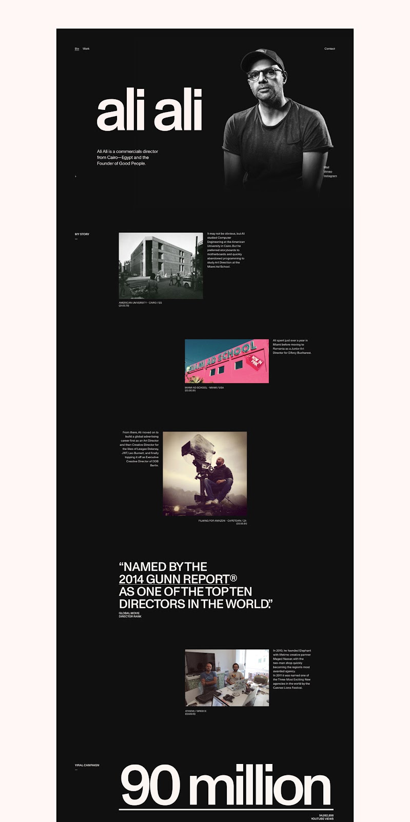 biography page with a swiss design style including dramatic typographic size contrast