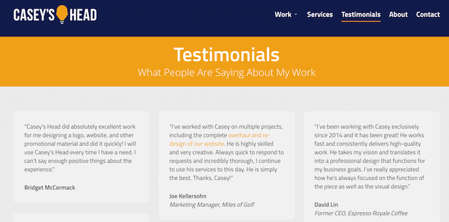 Screenshot of Casey's Head portfolio website featuring a section with testimonials