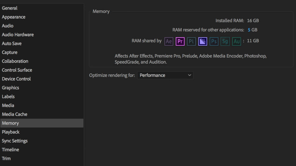 screenshot of premiere pro's RAM settings, which can help speed up you video editing efficiency