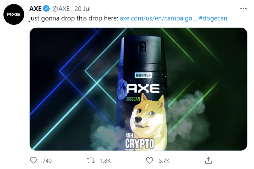 Axe tweet announcing release of a limited edition version of body spray called Dogecan