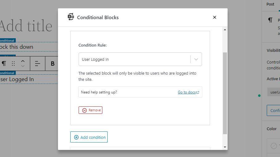 Screenshot of the Conditional Builder set to restrict content for logged in users only