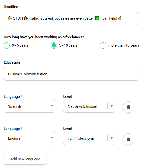 Settings for your freelance profile