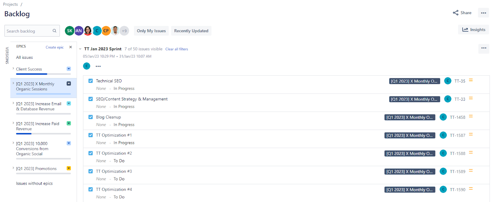 Sample backlog view in JIRA