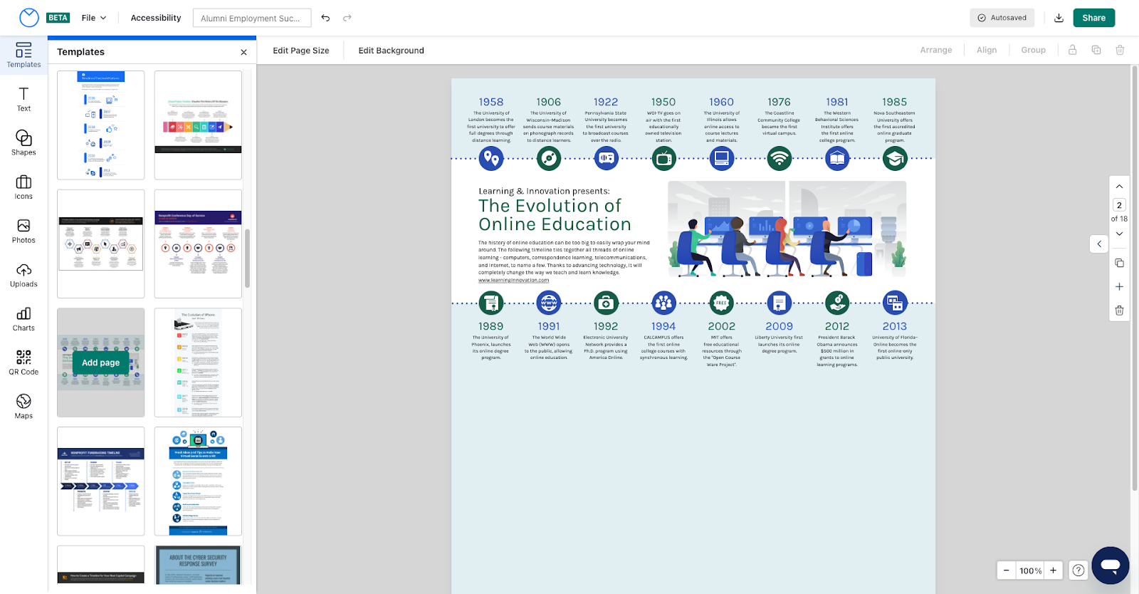 A template in the upgraded Venngage Editor shows a timeline with green and blue icons, and the title 'The Evolution of Online Education'. To the left, the Templates widget of the sidebar is expanded, with multiple different templates displayed. The thumbnails under the Templates widget show different designs in portrait and landscape orientation. The template that appears on the design canvas is in landscape orientation in the thumbnail in the left sidebar; on the design canvas in the Editor, the design elements have been scaled to fit the width of a portrait-oriented page.