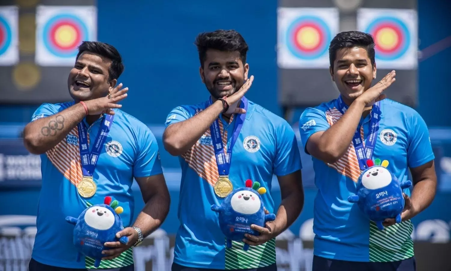 Today in Gwangju, South Korea, the Indian men's compound team won, 2 successive Golds at the World Cup for the Indian Compound Men Team