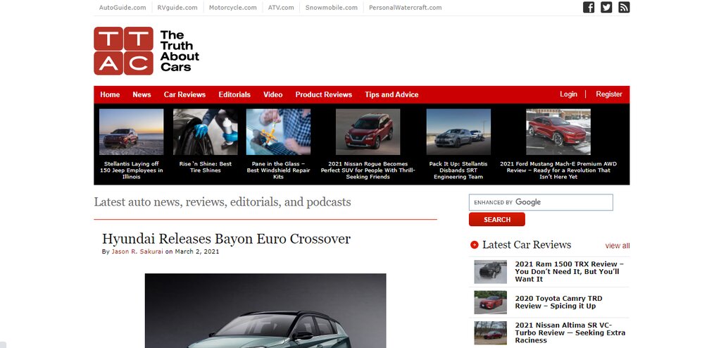 La page d'accueil de The Truth About Cars présentant une nouvelle voiture de Hyundai.