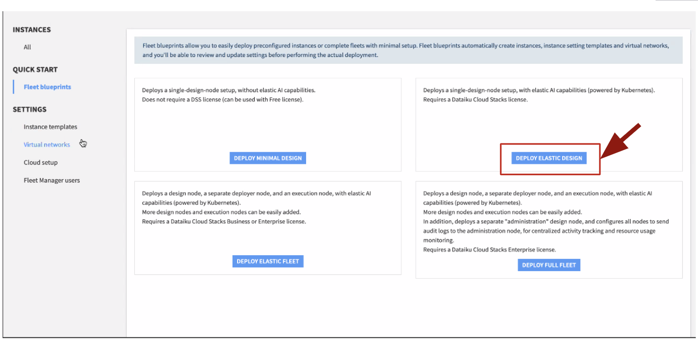 After initial resource and role assignments, the cloud stacks accelerator offers four one-click options for deploying your Dataiku instance. GCP users benefit from the elastic design option. 