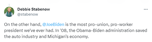 Senator Stabenow tweet on President Biden's pro-union stance