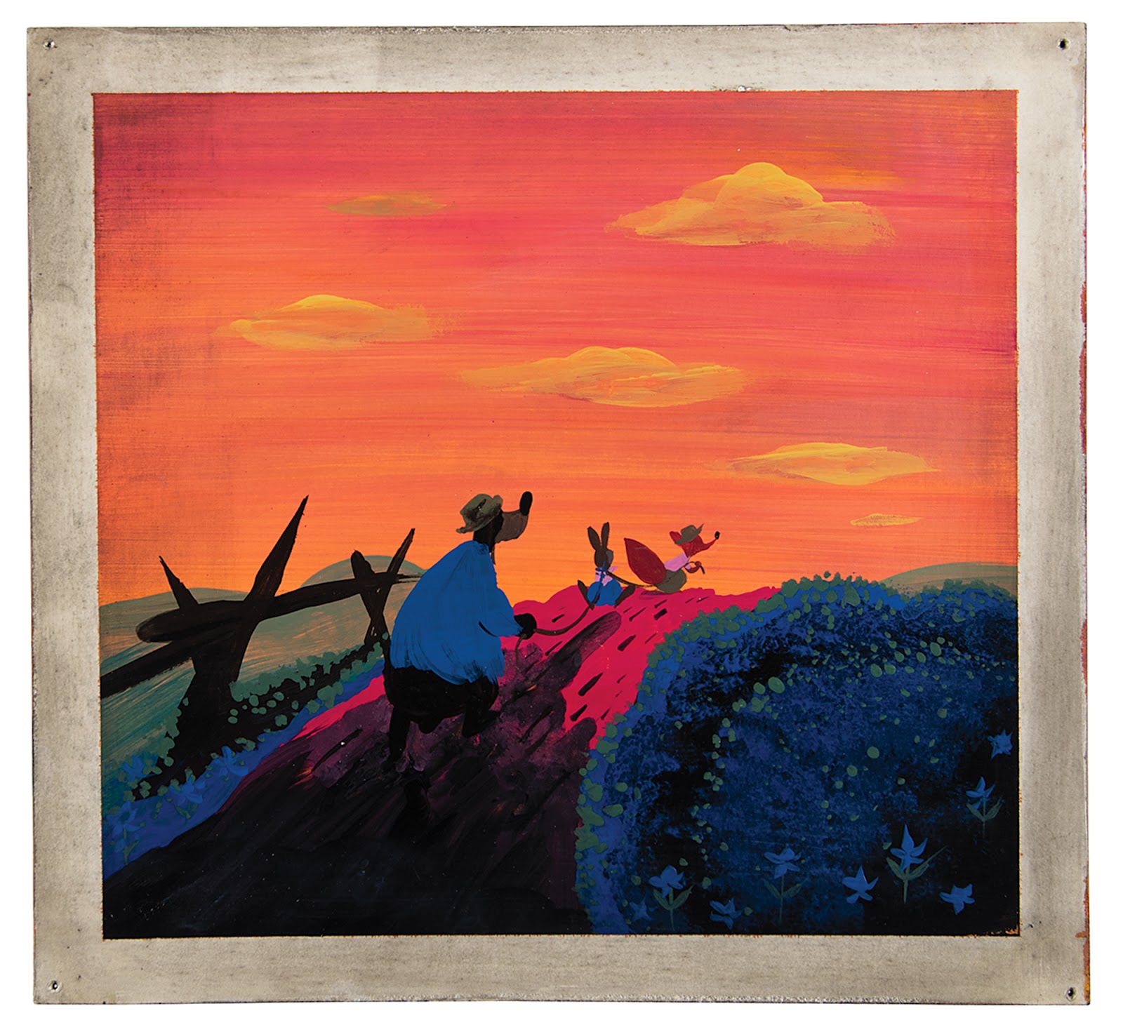 One of Blair’s concept paintings for 1946’s Song of the South with the principal animated characters, Br’er Fox, Br’er Bear, and Br’er Rabbit trotting towards the sunset. Song of the South was one of Blair’s earliest films with Disney.