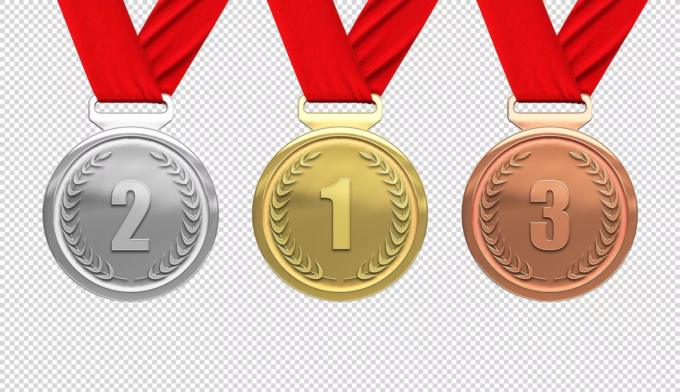 gold, silver, and bronze medals