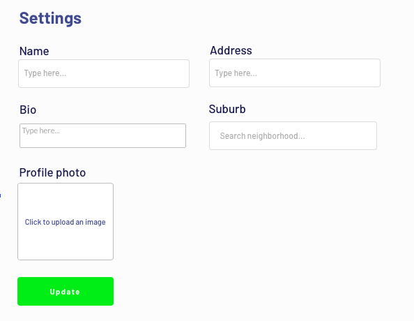 Designing a settings page for a no-code Nextdoor clone app