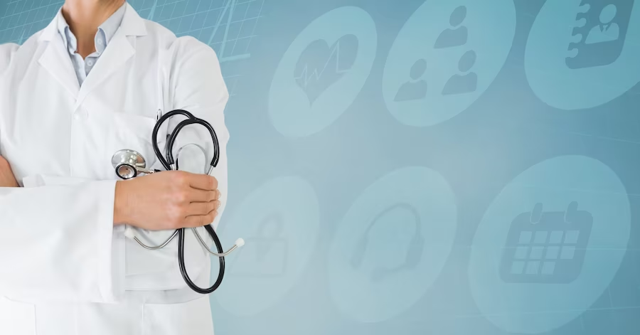 A medical student wearing a white coat, with icons in the background representing authentication.